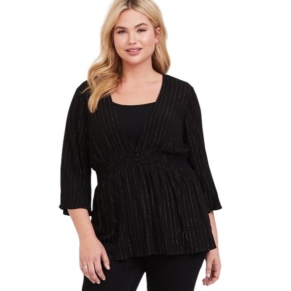 Torrid Gauze Button Front Smocked Babydoll Blouse in Deep Black - Picture 1 of 12